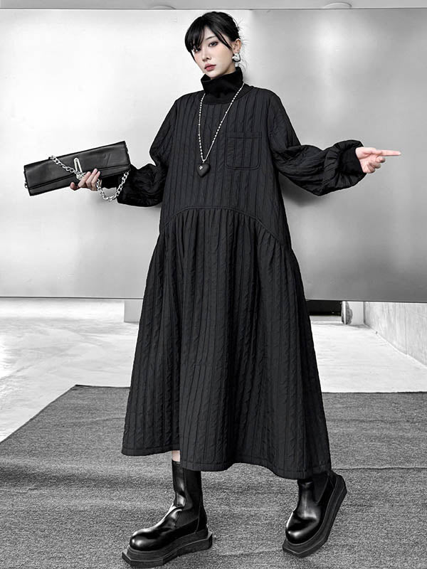 Embossed Pockets Quilted Solid Color Split-Joint A-Line Long Sleeves High Neck Sweater Dresses Midi Dresses