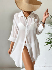 Buttoned See-Through Solid Color Split-Joint Loose Three-Quarter Sleeves Lapel Blouses&Shirts Tops