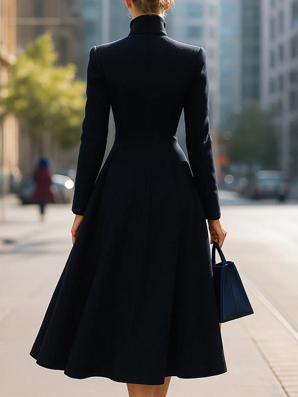 A-Line Long Sleeves Buttoned Pockets Solid Color Stand Collar Woolen Coat