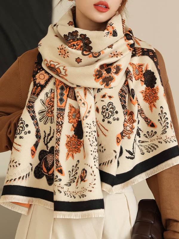 Vintage Knitting Tasseled Jacquard Imitated Cashmere Scarf Shawl