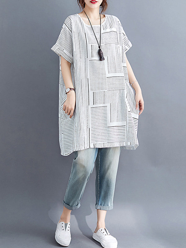 Plaid Striped Loose Short Sleeves Round-Neck T-Shirts Tops
