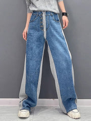 Buttoned Contrast Color Drawstring Elasticity Split-Joint Loose Straight Leg Trousers Pants