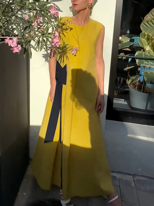 Asymmetric Contrast Color Split-Side Tied Loose Sleeveless Round-Neck Maxi Dresses