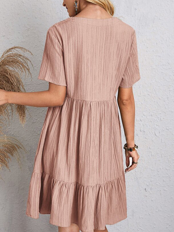 Pleated Solid Color Split-Joint A-line Loose V-neck Mini Dresses