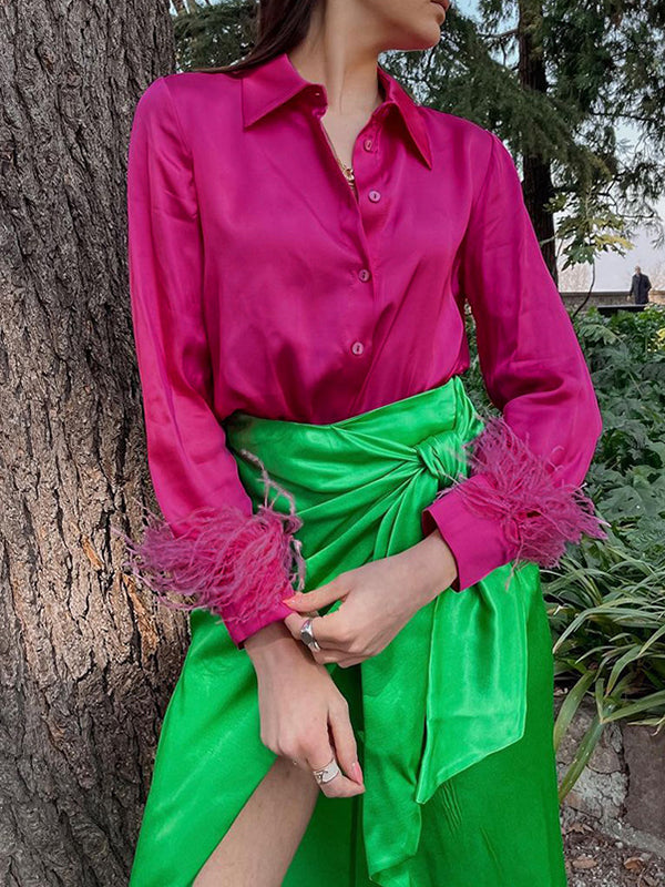 Loose Wrap Feathers Solid Color Split-Joint Lapel Collar Blouses&Shirts Tops
