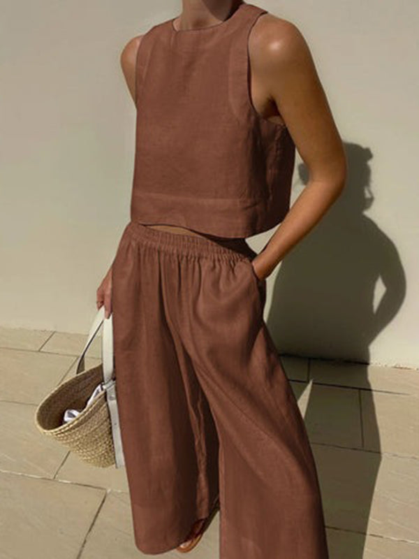 Solid Color Loose Round-Neck Sleeveless Vest + Elasticity Wide Leg Pants Two Pieces Set