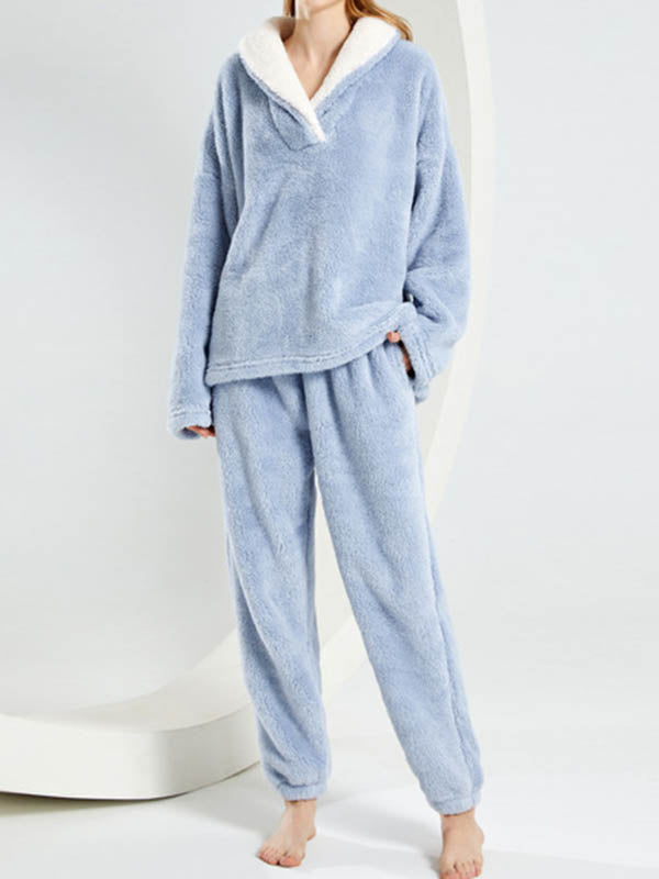 Coral Fleece Split-Joint V-Neck + Pants Pajama Two Pieces Set
