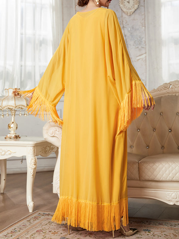 Gauze Solid Color Tasseled Zipper A-line High Waisted Round-neck Two Pieces Set Maxi Dresses