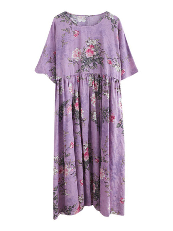 Artistic Retro Loose Pleated Printed Midi Dress
