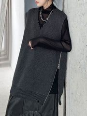 Asymmetric Split-Side Zipper Loose Sleeveless V-Neck Vest Outerwear