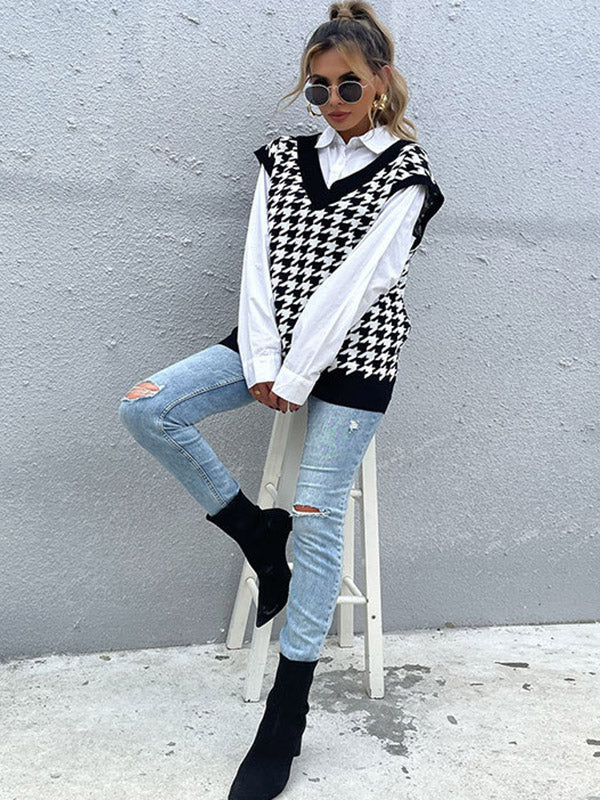 Vintage Loose Houndstooth V-Neck Vest Top