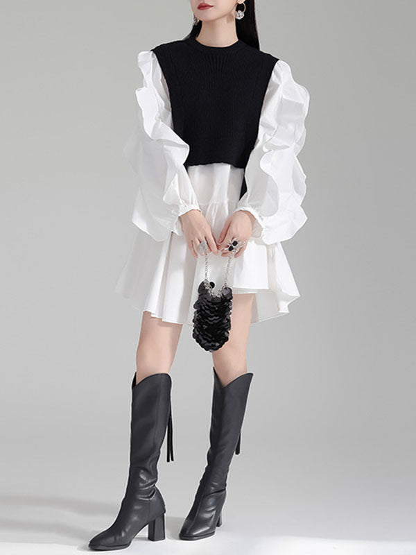 Ruffled Split-Joint Long Sleeves Loose Round-Neck Inner Mini Shirt Dress + Outer Vest Two Pieces Set