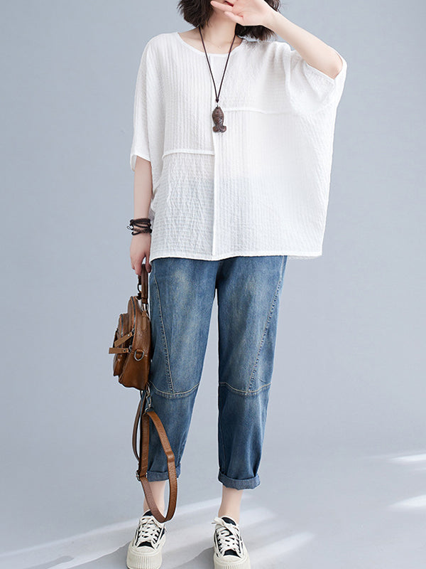 Solid Color Split-Joint Batwing Sleeves Loose Round-neck T-Shirts Tops