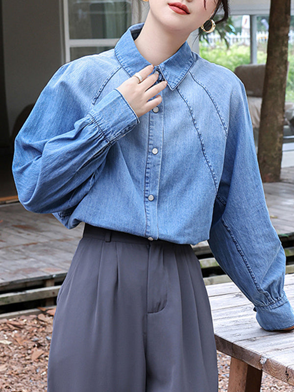 Buttoned Pleated Split-Joint Long Sleeves Loose Lapel Blouses&Shirts Tops
