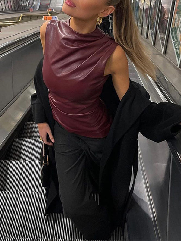 Asymmetric Pleated Solid Color Skinny Sleeveless Mock Neck Vest Top