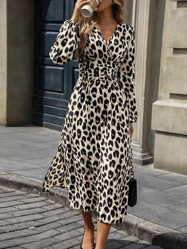 Contrast Color Leopard Pleated Split-Joint Elasticated Waist High Waisted V-Neck Maxi Dresses