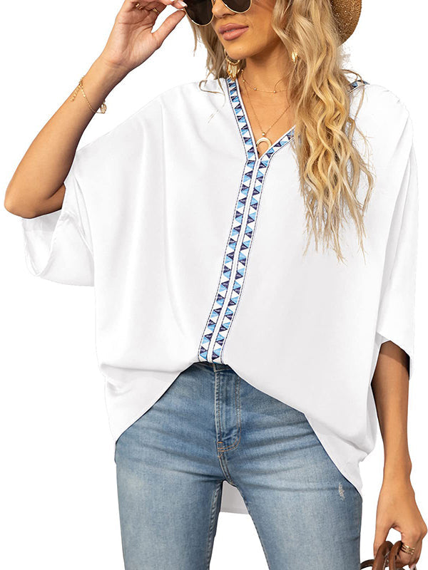 Split-Joint Batwing Sleeves Loose V-neck Blouses&shirts Tops