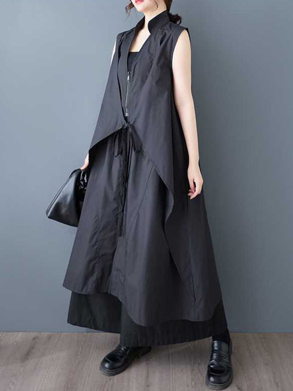 Pockets Solid Color Tied Zipper A-Line Loose V-Neck Shirt Dress Midi Dresses