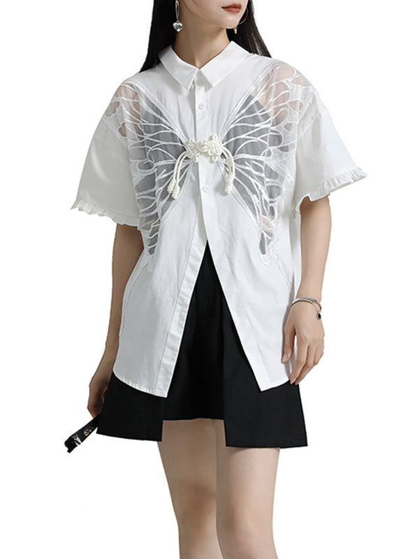 Buttoned Mesh Reversible See-Through Split-back Split-Joint Half Sleeves Loose Lapel Blouses&shirts Tops