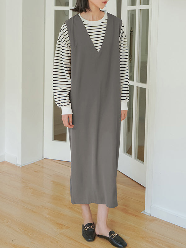 Casual A-Line Sleeveless Solid Color V-Neck Midi Dresses