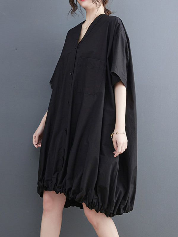 Elasticity Solid Color Half Sleeves Loose V-Neck Mini Dresses