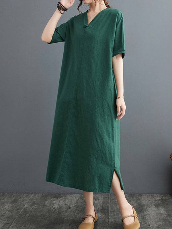 Chinese Frog Buttons Pockets Solid Color Split-Side A-Line Loose V-Neck Midi Dresses