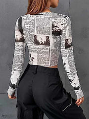 Letter Print Long Sleeves Skinny Round-Neck T-Shirts Tops