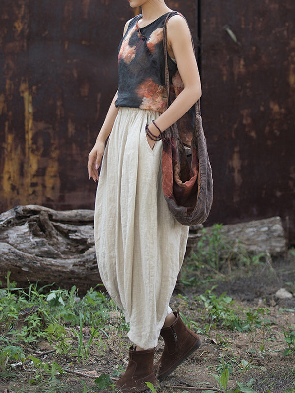 Elasticity Pleated Pockets Solid Color Split-Joint Bloomers Loose Casual Pants Bottoms