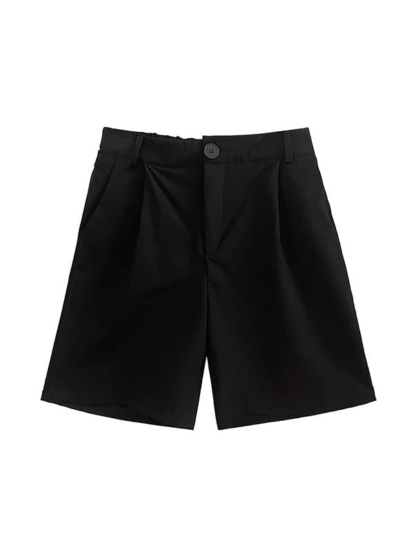 Elasticity Pleated Solid Color Split-Joint Loose Straight Leg Half Pants