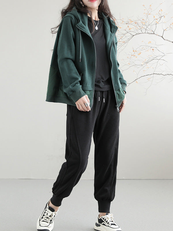 Artistic Retro Loose Long Sleeves Solid Color Zipper Hooded Outerwear