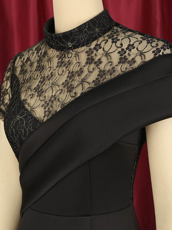 Ruffle Trim Solid Color Split-Joint Bodycon High Waisted Round-neck Midi Dresses