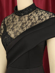 Ruffle Trim Solid Color Split-Joint Bodycon High Waisted Round-neck Midi Dresses