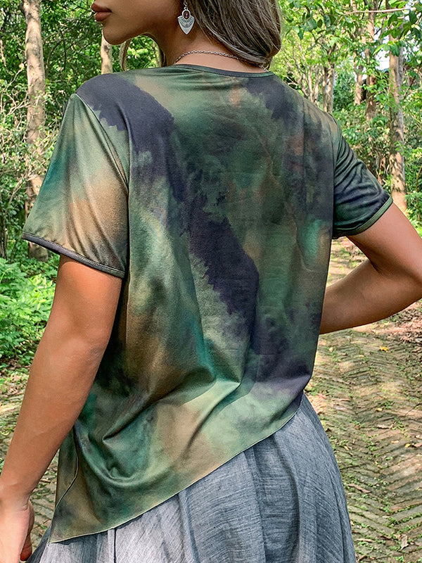 Asymmetric Split-Joint Tie-Dyed Irregular Clipping Short Sleeves Round-Neck T-Shirts