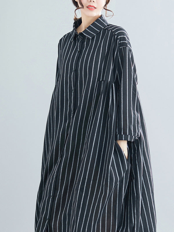 Simple Striped Buttoned Lapel Long Sleeves Shirt Dress