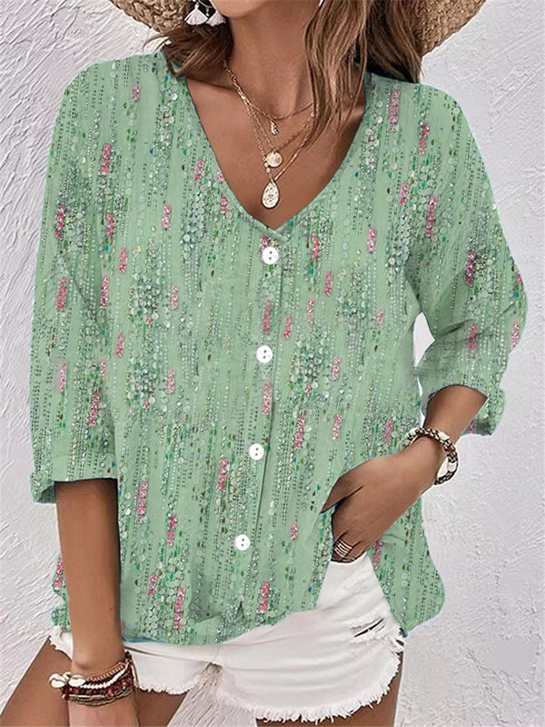Buttoned Flower Print Long Sleeves Loose V-neck Blouses&shirts Tops