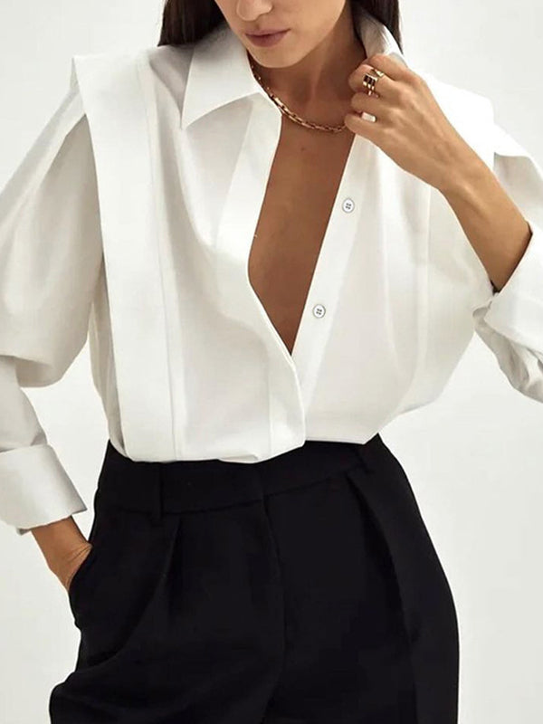 Buttoned Solid Color Long Sleeves Loose Lapel Blouses&Shirts Tops