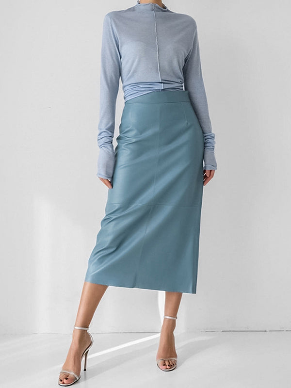 Solid Color Split-Back Split-Joint Skinny PU Skirts