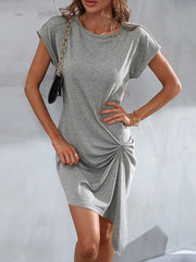 Casual Short Sleeves Pleated Round-Neck Gray Mini Dress