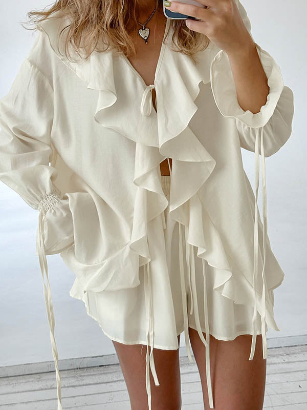 V-Neck Long Sleeves Loose Ruffle Trim Solid Color Tied Blouses&Shirts Tops + Elasticity Shorts Bottom Two Pieces Set