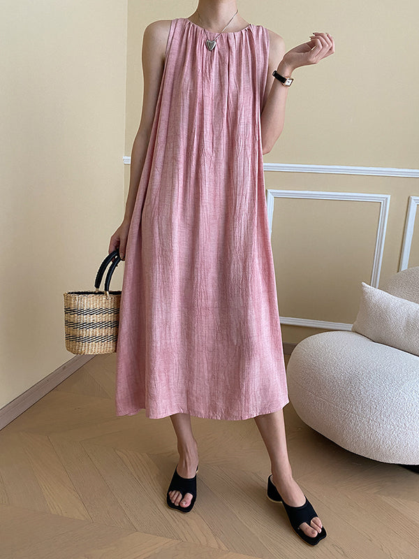 Pleated Solid Color A-Line Loose Round-Neck Midi Dresses