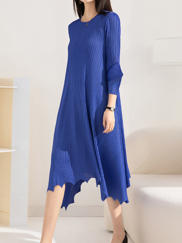 Pleated Solid Color Irregular clipping Loose Round-neck Midi Dresses