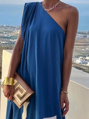 Asymmetric Printed Split-Joint A-Line Loose One-Shoulder Maxi Dresses