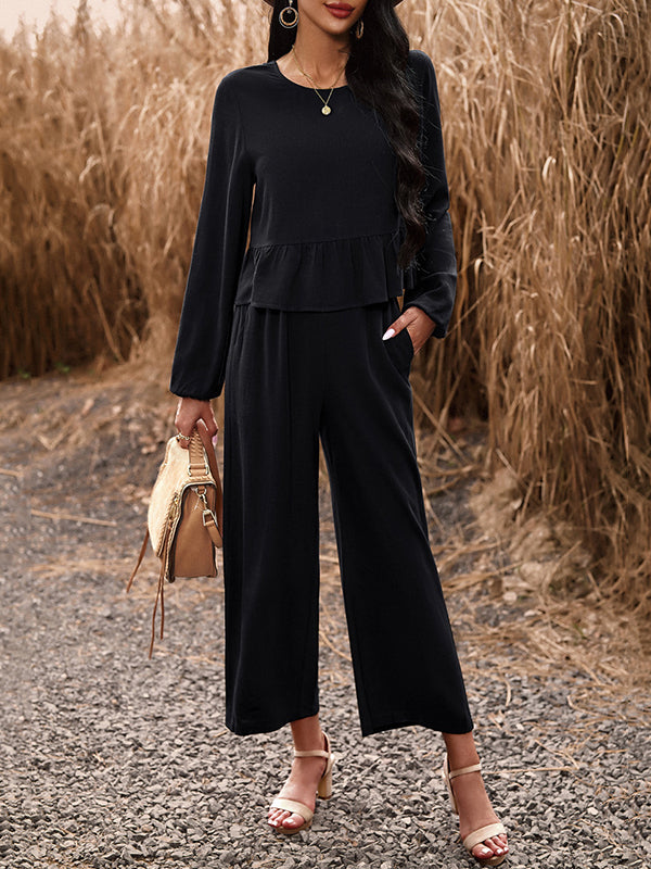 Round-Neck Long Sleeves Loose Pleated Solid Color Split-Joint Shirts Top + Pants Bottom Two Pieces Set