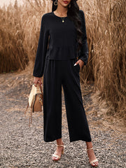 Round-Neck Long Sleeves Loose Pleated Solid Color Split-Joint Shirts Top + Pants Bottom Two Pieces Set