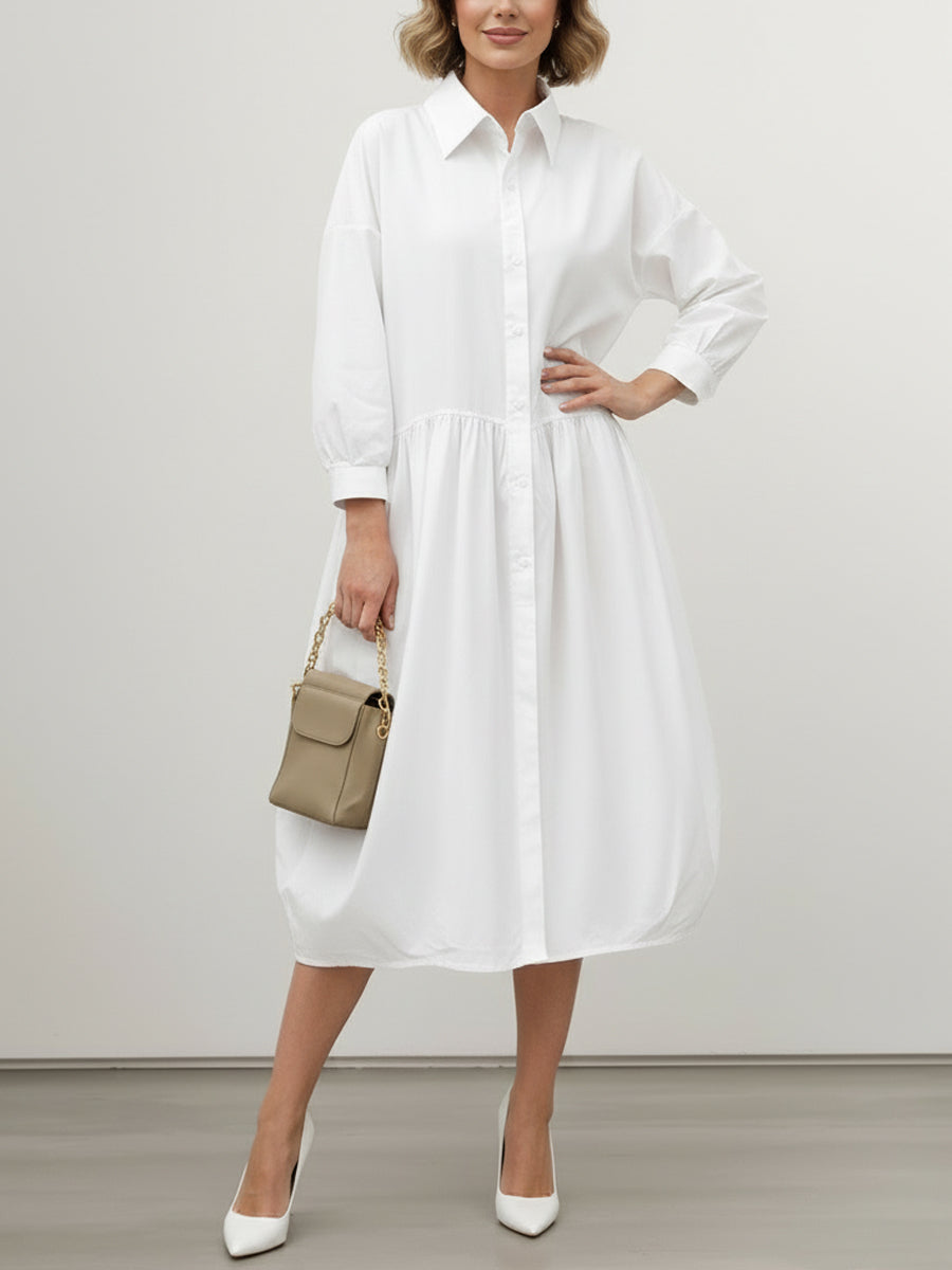Buttoned Pleated Solid Color Split-Joint Long Sleeves Loose Lapel Midi Dresses