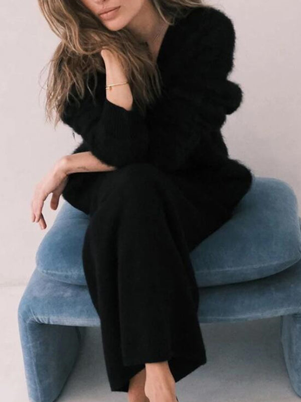 Buttoned Solid Color Long Sleeves Loose V-Neck Cardigan Tops