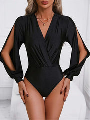 Hollow Pleated Solid Color Split-Joint High Waisted Long Sleeves V-Neck Bodysuits