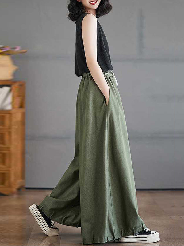 Drawstring Elasticity Pleated Pockets High Waisted Loose Pants Knickerbockers Culotte