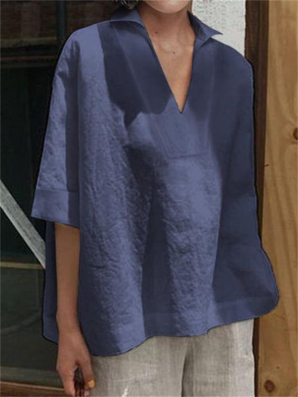Solid Color Loose Three-Quarter Sleeves Lapel T-Shirts Tops
