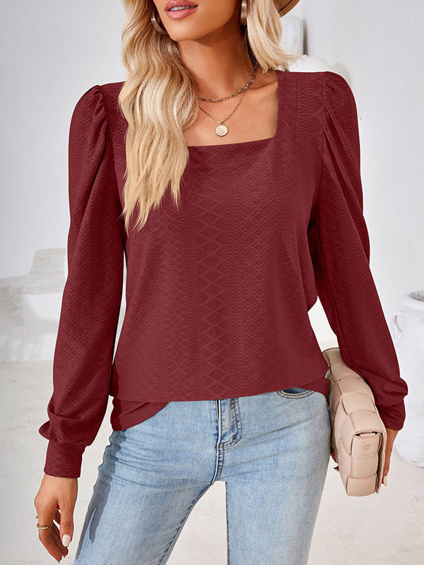 Jacquard Solid Color Loose Square-neck T-Shirts Tops